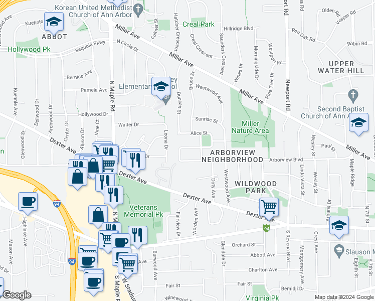 map of restaurants, bars, coffee shops, grocery stores, and more near 2113 Arlene Street in Ann Arbor