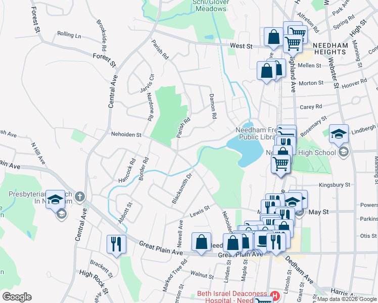 map of restaurants, bars, coffee shops, grocery stores, and more near 330 Rosemary Street in Needham