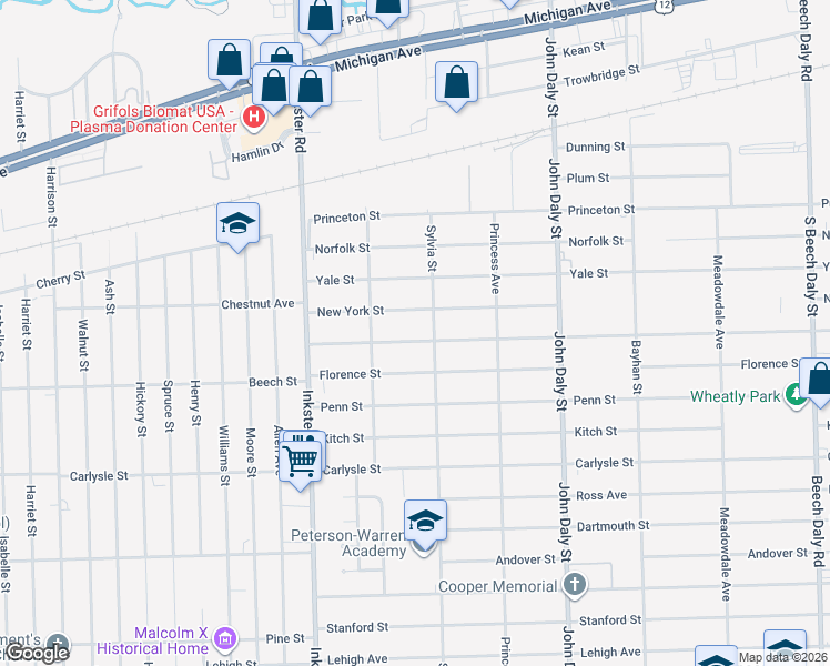 map of restaurants, bars, coffee shops, grocery stores, and more near 27034 Notre Dame Street in Inkster