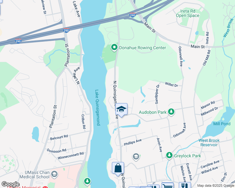 map of restaurants, bars, coffee shops, grocery stores, and more near 182 North Quinsigamond Avenue in Shrewsbury