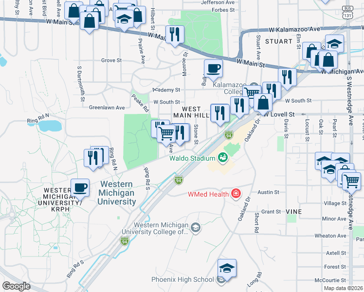 map of restaurants, bars, coffee shops, grocery stores, and more near 1420 West Michigan Avenue in Kalamazoo