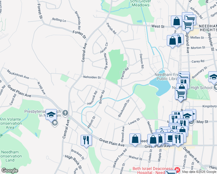 map of restaurants, bars, coffee shops, grocery stores, and more near 10 Meredith Circle in Needham
