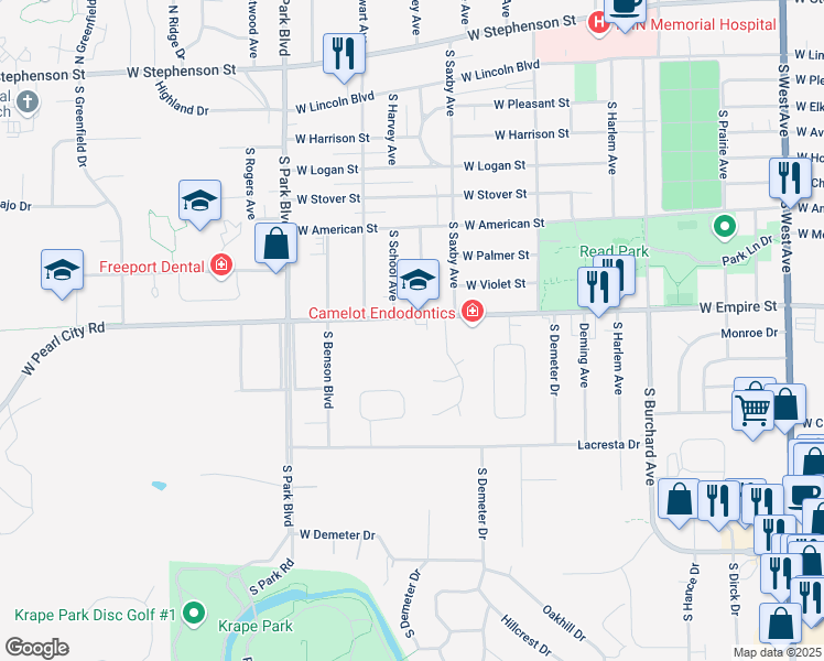 map of restaurants, bars, coffee shops, grocery stores, and more near 1325 West Empire Street in Freeport