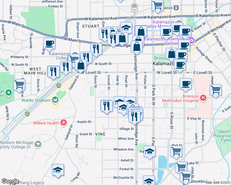 map of restaurants, bars, coffee shops, grocery stores, and more near 524 Oak Street in Kalamazoo