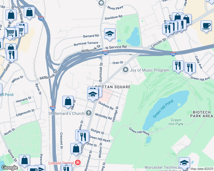 map of restaurants, bars, coffee shops, grocery stores, and more near 299 Massachusetts 70 in Worcester
