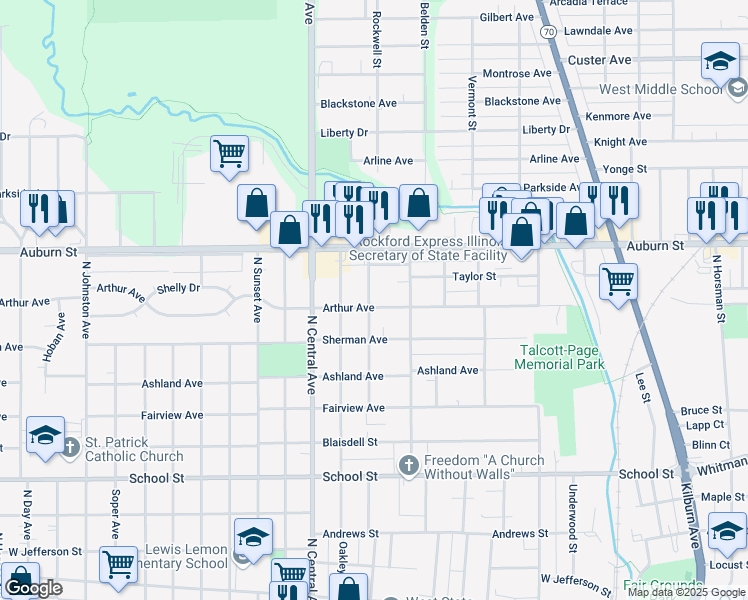 map of restaurants, bars, coffee shops, grocery stores, and more near 1007 Irving Avenue in Rockford