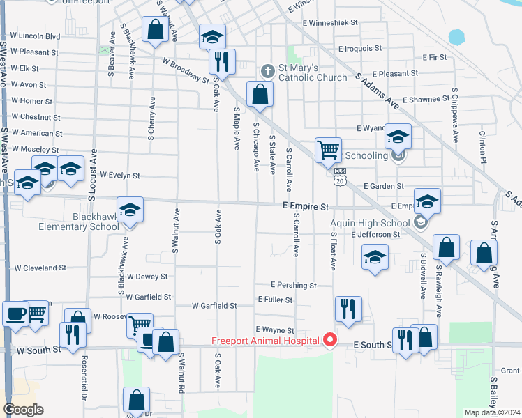 map of restaurants, bars, coffee shops, grocery stores, and more near 5 East Empire Street in Freeport