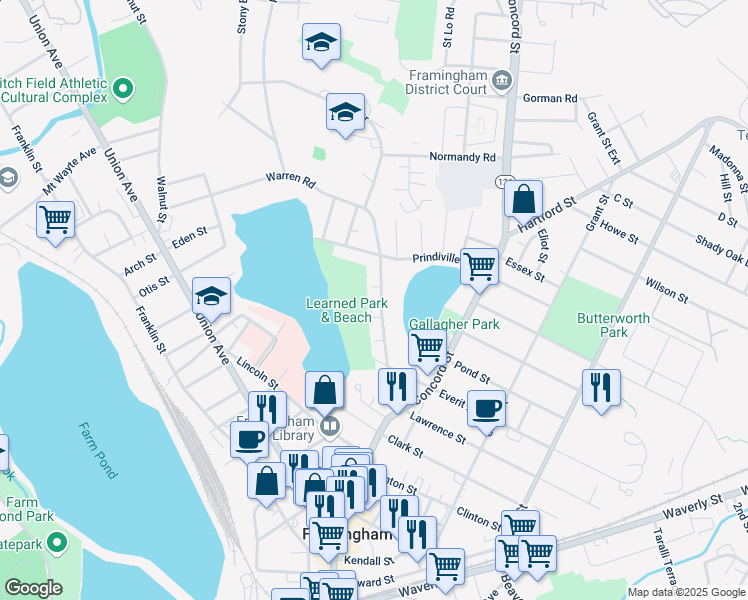 map of restaurants, bars, coffee shops, grocery stores, and more near 104 Dennison Avenue in Framingham