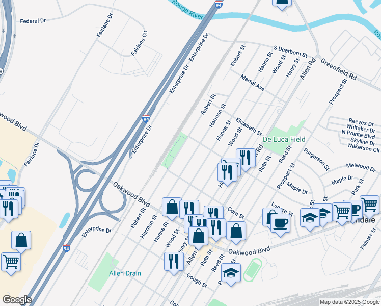 map of restaurants, bars, coffee shops, grocery stores, and more near 17953 Harman Street in Melvindale