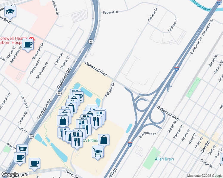map of restaurants, bars, coffee shops, grocery stores, and more near Fairlane Drive in Allen Park