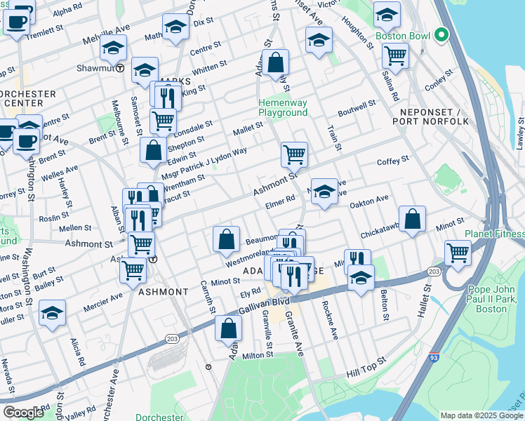 map of restaurants, bars, coffee shops, grocery stores, and more near 29 Helena Road in Boston