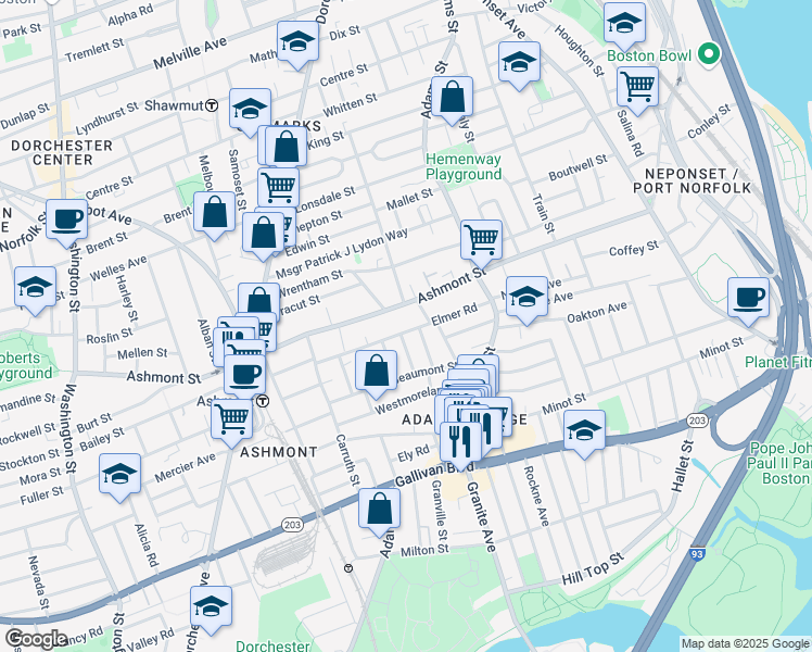 map of restaurants, bars, coffee shops, grocery stores, and more near 33 Bateswell Road in Boston