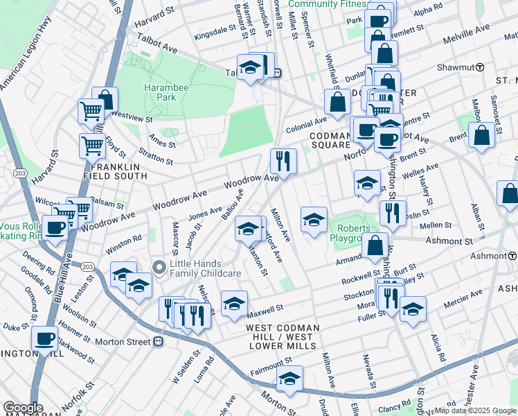 map of restaurants, bars, coffee shops, grocery stores, and more near 174 Norfolk Street in Boston