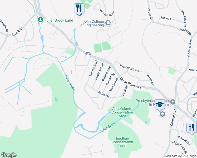 map of restaurants, bars, coffee shops, grocery stores, and more near 69 Whiting Way in Needham