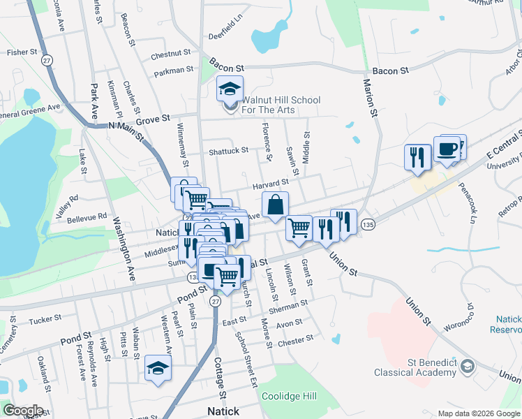 map of restaurants, bars, coffee shops, grocery stores, and more near 56 North Avenue in Natick