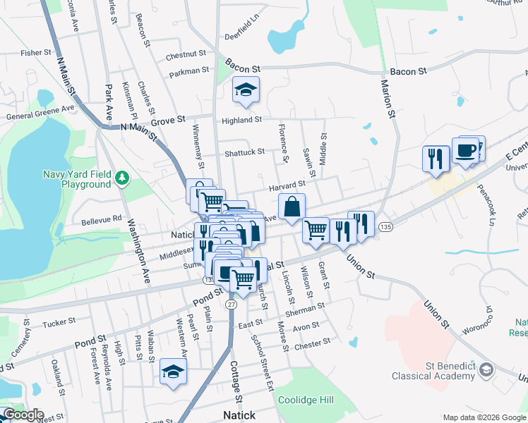 map of restaurants, bars, coffee shops, grocery stores, and more near 2 Franklin Street in Natick