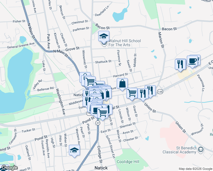map of restaurants, bars, coffee shops, grocery stores, and more near 2 Franklin Street in Natick