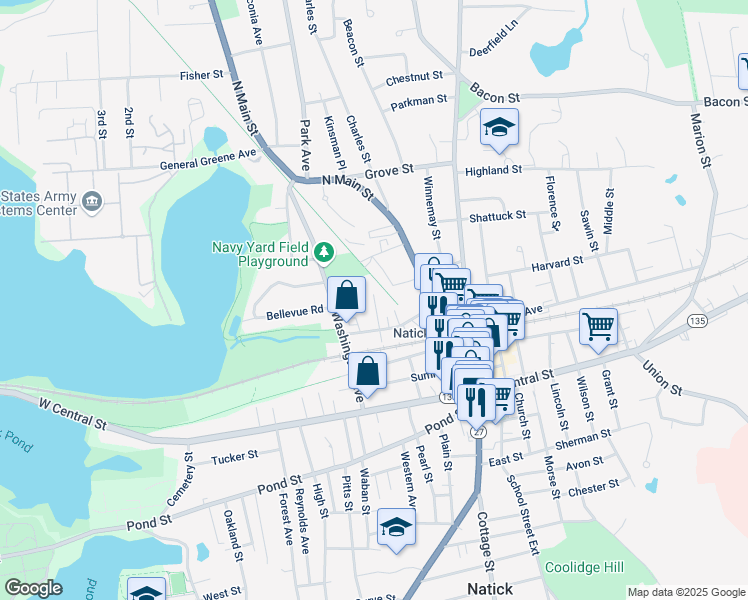map of restaurants, bars, coffee shops, grocery stores, and more near 12 Harrison Street in Natick