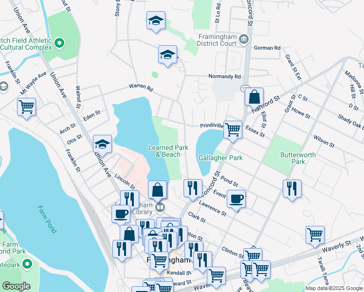 map of restaurants, bars, coffee shops, grocery stores, and more near 104 Dennison Avenue in Framingham