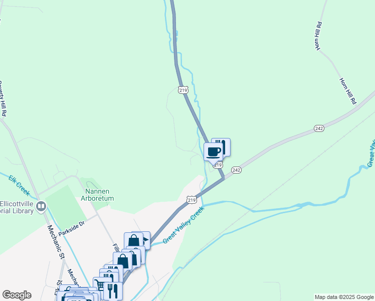 map of restaurants, bars, coffee shops, grocery stores, and more near 6663 U.S. 219 in Ellicottville