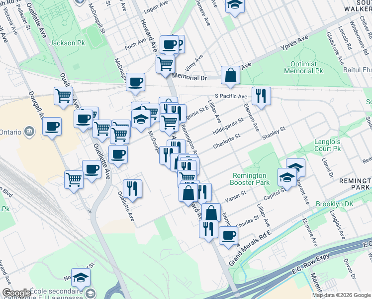 map of restaurants, bars, coffee shops, grocery stores, and more near in Windsor