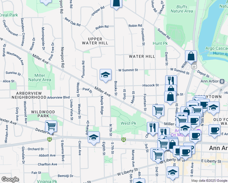 map of restaurants, bars, coffee shops, grocery stores, and more near in Ann Arbor
