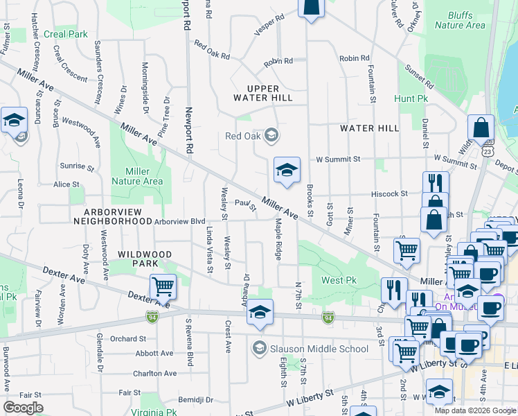 map of restaurants, bars, coffee shops, grocery stores, and more near 1102 Arborview Boulevard in Ann Arbor
