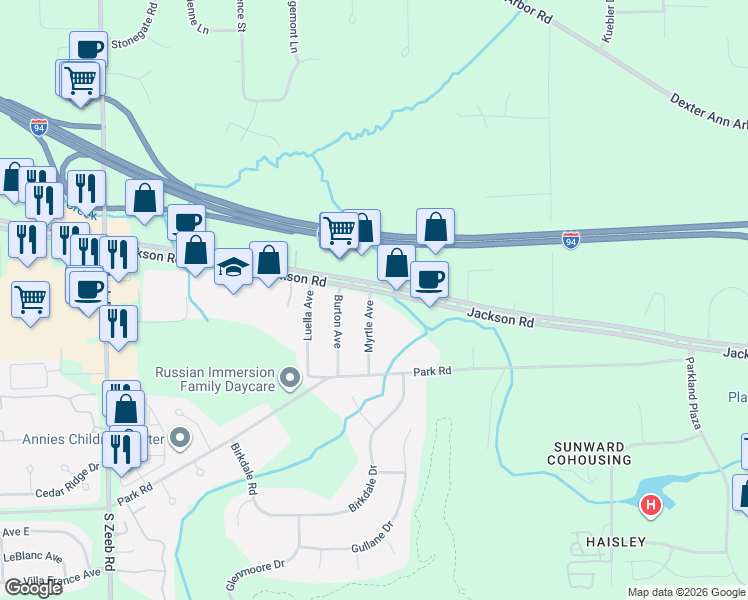 map of restaurants, bars, coffee shops, grocery stores, and more near 30 Myrtle Avenue in Ann Arbor