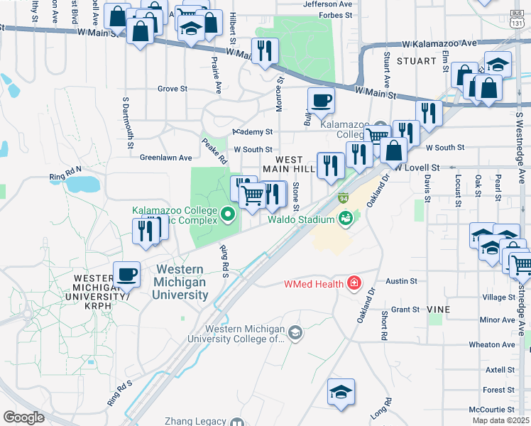 map of restaurants, bars, coffee shops, grocery stores, and more near 1420 West Michigan Avenue in Kalamazoo