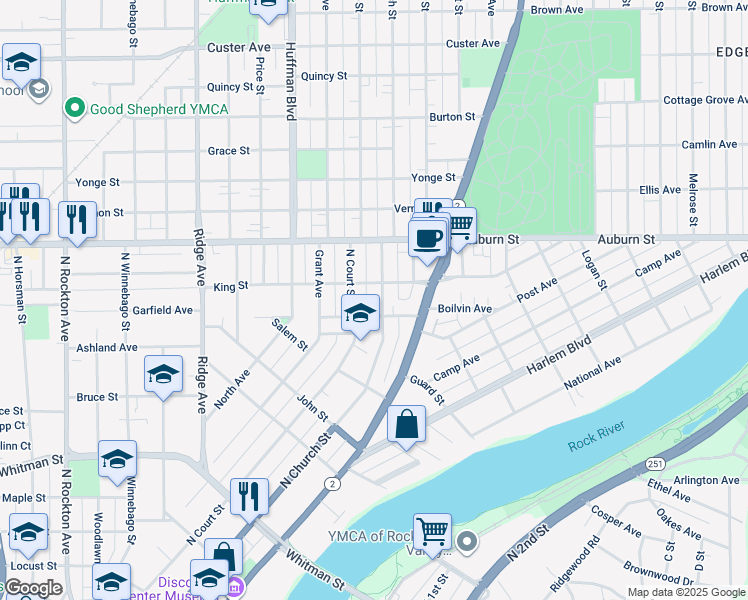 map of restaurants, bars, coffee shops, grocery stores, and more near 1308 North Church Street in Rockford