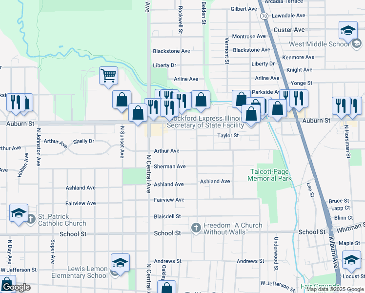 map of restaurants, bars, coffee shops, grocery stores, and more near 1007 Irving Avenue in Rockford