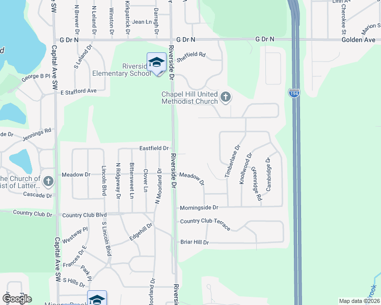 map of restaurants, bars, coffee shops, grocery stores, and more near 717 Riverside Drive in Battle Creek