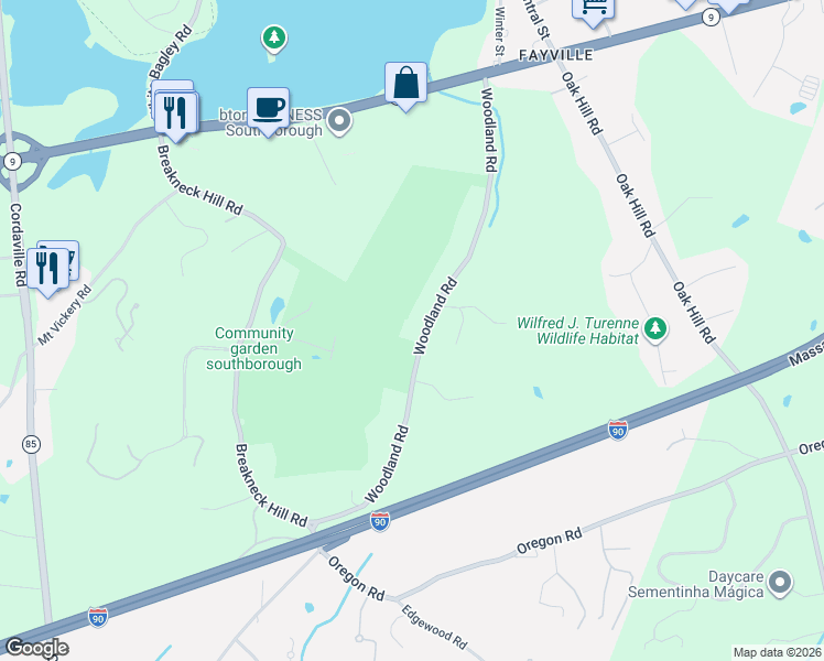 map of restaurants, bars, coffee shops, grocery stores, and more near 59 Woodland Road in Southborough