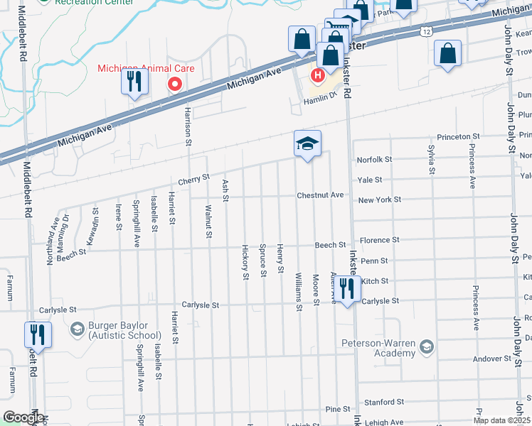 map of restaurants, bars, coffee shops, grocery stores, and more near 3243 Spruce Street in Inkster