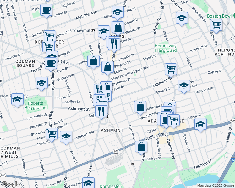 map of restaurants, bars, coffee shops, grocery stores, and more near 240 Ashmont Street in Boston