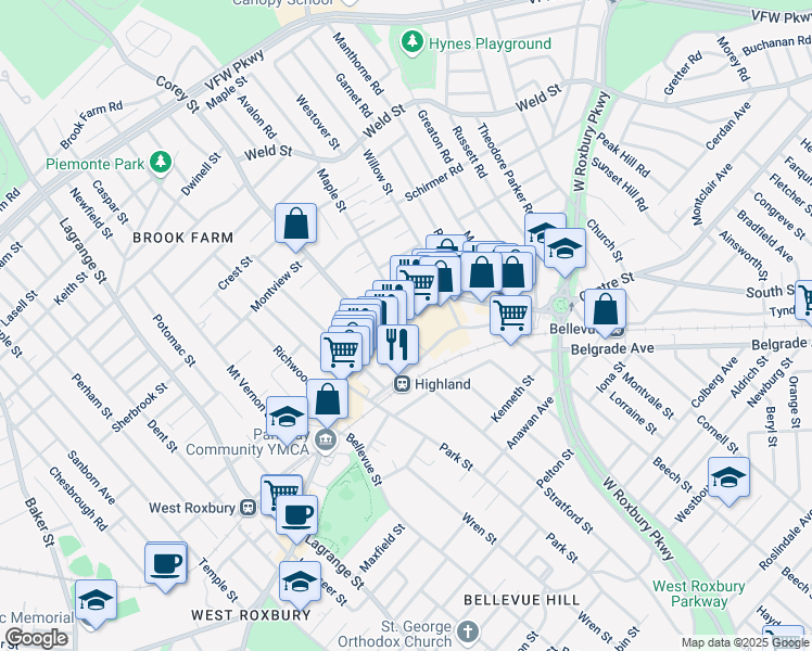 map of restaurants, bars, coffee shops, grocery stores, and more near 1833 Centre Street in Boston