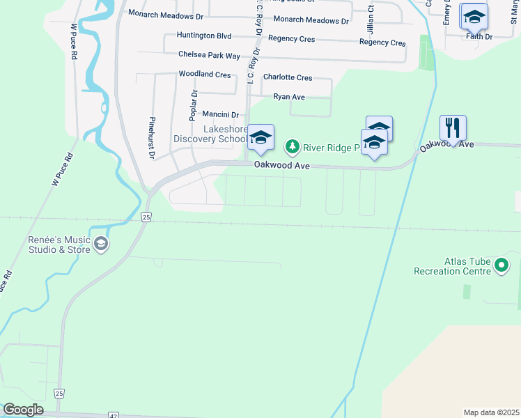 map of restaurants, bars, coffee shops, grocery stores, and more near 1069 Aspen Ridge Crescent in Belle River