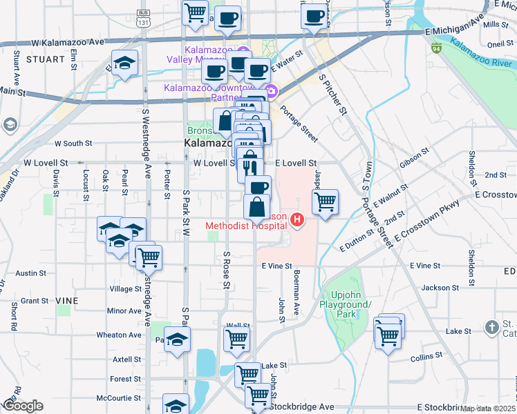 map of restaurants, bars, coffee shops, grocery stores, and more near in Kalamazoo