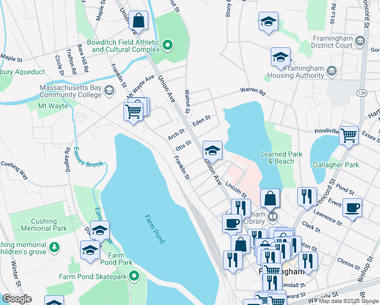 map of restaurants, bars, coffee shops, grocery stores, and more near 316 Union Avenue in Framingham