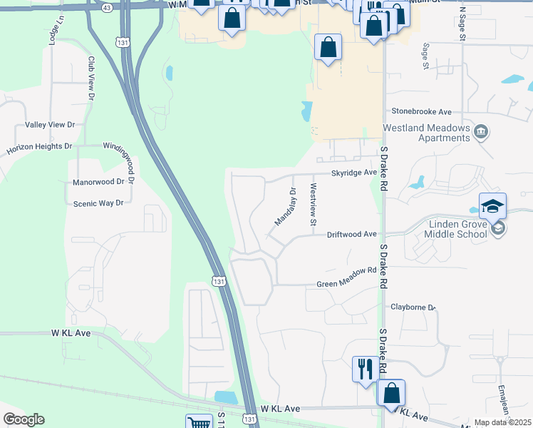 map of restaurants, bars, coffee shops, grocery stores, and more near 278 Mandalay Drive in Kalamazoo
