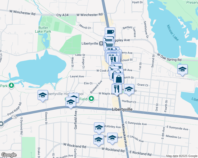 map of restaurants, bars, coffee shops, grocery stores, and more near 429 Brainerd Avenue in Libertyville