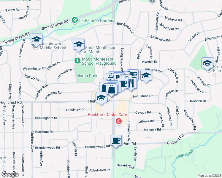 map of restaurants, bars, coffee shops, grocery stores, and more near 1680 North Alpine Road in Rockford
