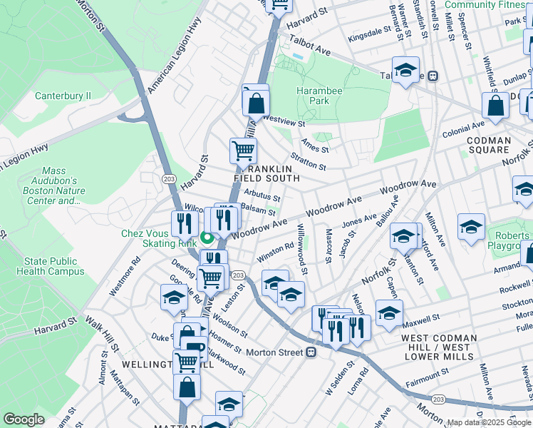 map of restaurants, bars, coffee shops, grocery stores, and more near 35 Irma Street in Boston
