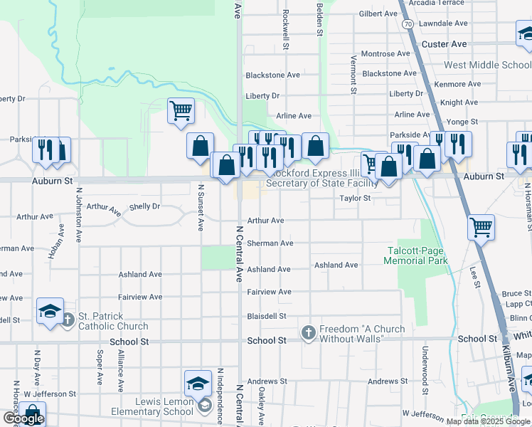 map of restaurants, bars, coffee shops, grocery stores, and more near 1605 Arthur Avenue in Rockford