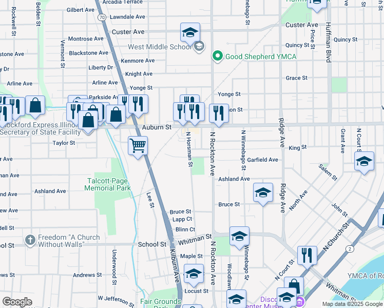 map of restaurants, bars, coffee shops, grocery stores, and more near 1037 Garfield Avenue in Rockford