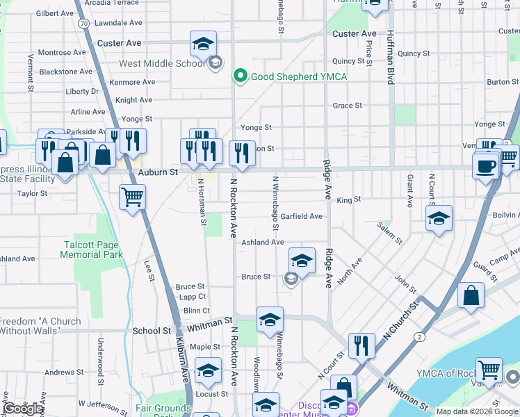 map of restaurants, bars, coffee shops, grocery stores, and more near 901 Garfield Avenue in Rockford