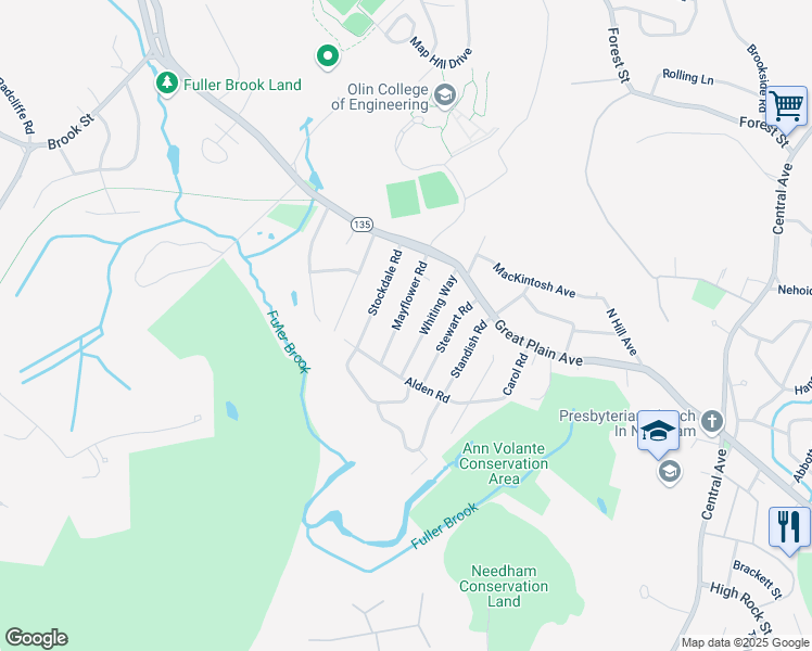 map of restaurants, bars, coffee shops, grocery stores, and more near 69 Whiting Way in Needham