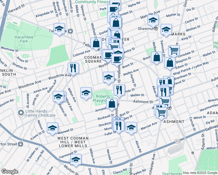 map of restaurants, bars, coffee shops, grocery stores, and more near 25 Dunbar Avenue in Boston