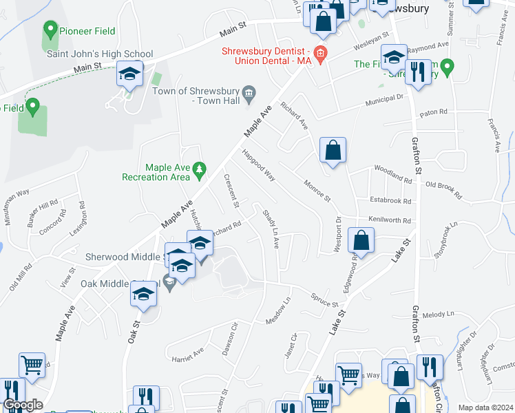 map of restaurants, bars, coffee shops, grocery stores, and more near 55 Shady Lane Avenue in Shrewsbury