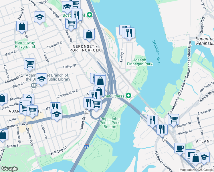 map of restaurants, bars, coffee shops, grocery stores, and more near 12 Redfield Street in Boston